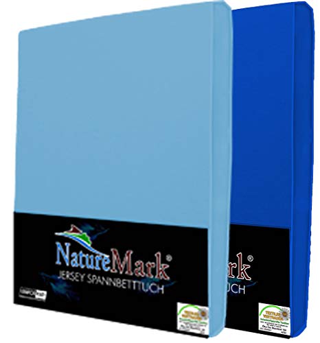 NatureMark 2er Pack Jersey Spannbettlaken, Spannbetttuch 100% Baumwolle in vielen Größen und Farben MARKENQUALITÄT ÖKOTEX Standard 100 | 140 x 200 cm - 160 x 200 cm - Hellblau/Royal von NatureMark