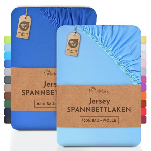 NatureMark 2er Pack Jersey Spannbettlaken, Spannbetttuch 100% Baumwolle in vielen Größen und Farben MARKENQUALITÄT ÖKOTEX Standard 100 | 140 x 200 cm - 160 x 200 cm - Hellblau/Royal von NatureMark