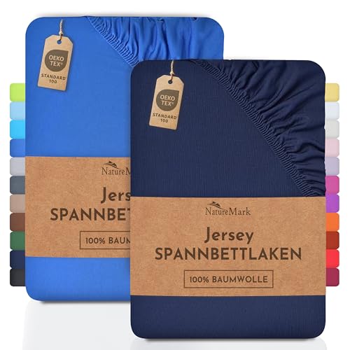 NatureMark 2er Pack Jersey Spannbettlaken, Spannbetttuch 100% Baumwolle in vielen Größen und Farben MARKENQUALITÄT ÖKOTEX Standard 100 | 140 x 200 cm - 160 x 200 cm - Navy/Royal von NatureMark