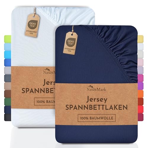 NatureMark 2er Pack Jersey Spannbettlaken, Spannbetttuch 100% Baumwolle in vielen Größen und Farben MARKENQUALITÄT ÖKOTEX Standard 100 | 140 x 200 cm - 160 x 200 cm - Navy/Weiss von NatureMark