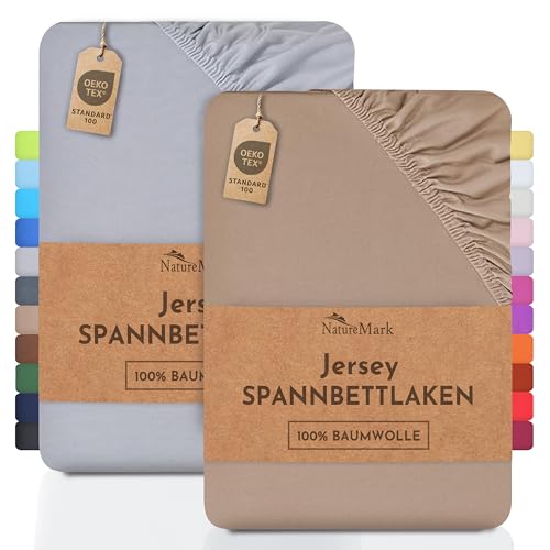 NatureMark 2er Pack Jersey Spannbettlaken, Spannbetttuch 100% Baumwolle in vielen Größen und Farben MARKENQUALITÄT ÖKOTEX Standard 100 | 140 x 200 cm - 160 x 200 cm -Sand/Silber von NatureMark