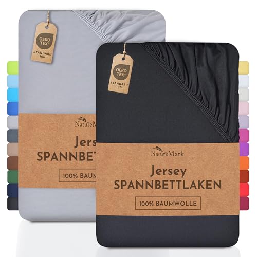 NatureMark 2er Pack Jersey Spannbettlaken, Spannbetttuch 100% Baumwolle in vielen Größen und Farben MARKENQUALITÄT ÖKOTEX Standard 100 | 140 x 200 cm - 160 x 200 cm -Schwarz/Silber von NatureMark