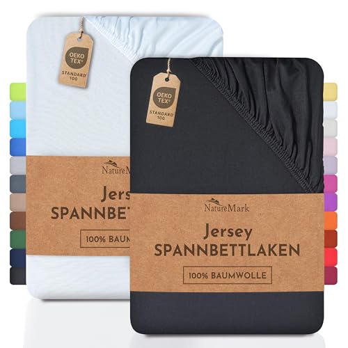 NatureMark 2er Pack Jersey Spannbettlaken, Spannbetttuch 100% Baumwolle in vielen Größen und Farben MARKENQUALITÄT ÖKOTEX Standard 100 | 140 x 200 cm - 160 x 200 cm -Schwarz/Weiss von NatureMark