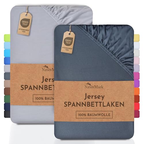 NatureMark 2er Pack Jersey Spannbettlaken, Spannbetttuch 100% Baumwolle in vielen Größen und Farben MARKENQUALITÄT ÖKOTEX Standard 100 | 200x220 cm +40 Steg - Anthrazit/Silber von NatureMark