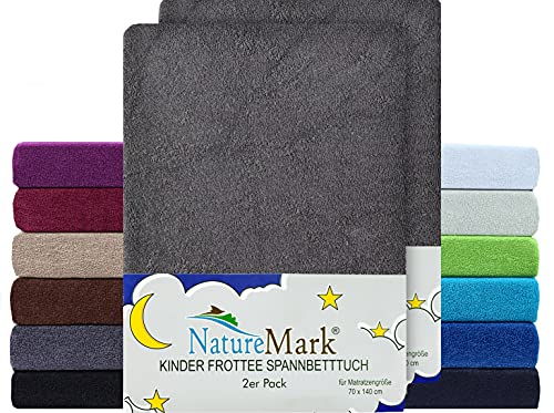 NatureMark 2er Pack Kinder FROTTEE Spannbettlaken, Spannbetttuch kuschelig weich, für Babybett und Kinderbett | 70x140 cm - Anthrazit grau von NatureMark