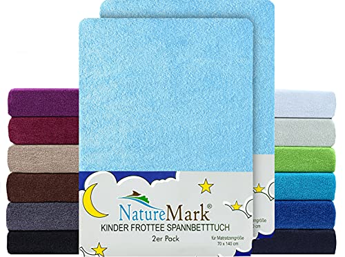 NatureMark 2er Pack Kinder FROTTEE Spannbettlaken, Spannbetttuch kuschelig weich, für Babybett und Kinderbett | 70x140 cm - Hell blau von NatureMark