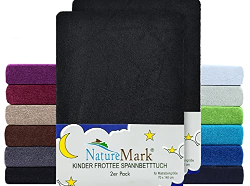 NatureMark 2er Pack Kinder FROTTEE Spannbettlaken, Spannbetttuch kuschelig weich, für Babybett und Kinderbett | 70x140 cm - Schwarz von NatureMark