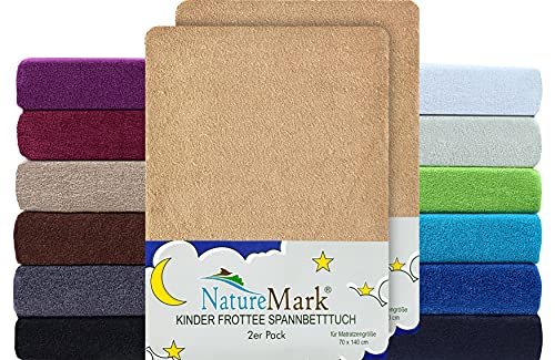 NatureMark 2er Pack Kinder FROTTEE Spannbettlaken, Spannbetttuch kuschelig weich,für Babybett und Kinderbett | 70x140 cm - Sand/Beige von NatureMark