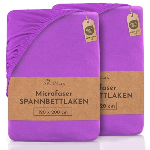 NatureMark 2er Pack MICROFASER Spannbettlaken, Spannbetttuch Doppelpack in vielen Größen und Farben MARKENQUALITÄT ÖKOTEX Standard 100 | 120x200 cm - lila von NatureMark