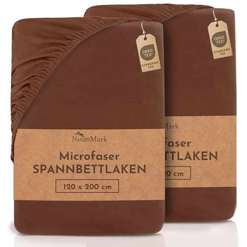 NatureMark 2er Pack MICROFASER Spannbettlaken, Spannbetttuch Doppelpack in vielen Größen und Farben MARKENQUALITÄT ÖKOTEX Standard 100 | 120x200 cm - Schoko braun von NatureMark