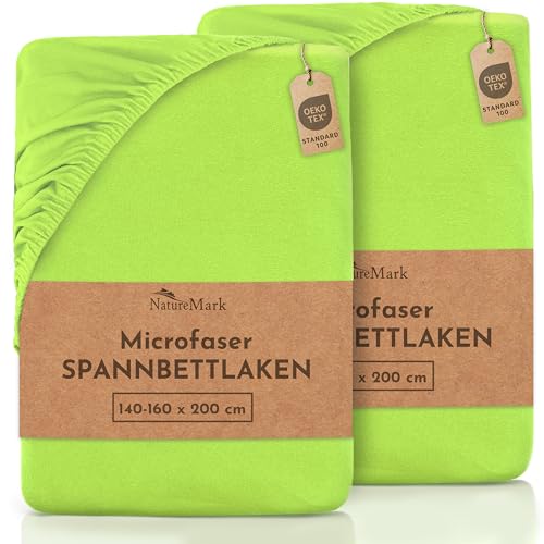 NatureMark 2er Pack MICROFASER Spannbettlaken, Spannbetttuch Doppelpack in vielen Größen und Farben MARKENQUALITÄT ÖKOTEX Standard 100 | 140 x 200 cm - 160 x 200 cm - Apfel grün von NatureMark