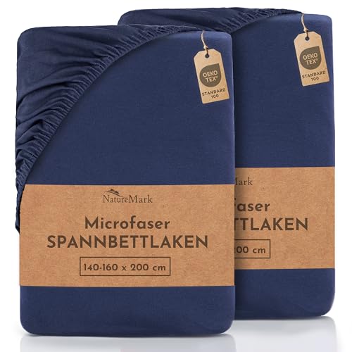 NatureMark 2er Pack MICROFASER Spannbettlaken, Spannbetttuch Doppelpack in vielen Größen und Farben MARKENQUALITÄT ÖKOTEX Standard 100 | 140 x 200 cm - 160 x 200 cm - Navy blau von NatureMark