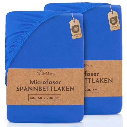 NatureMark 2er Pack MICROFASER Spannbettlaken, Spannbetttuch Doppelpack in vielen Größen und Farben MARKENQUALITÄT ÖKOTEX Standard 100 | 140 x 200 cm - 160 x 200 cm - royal blau von NatureMark