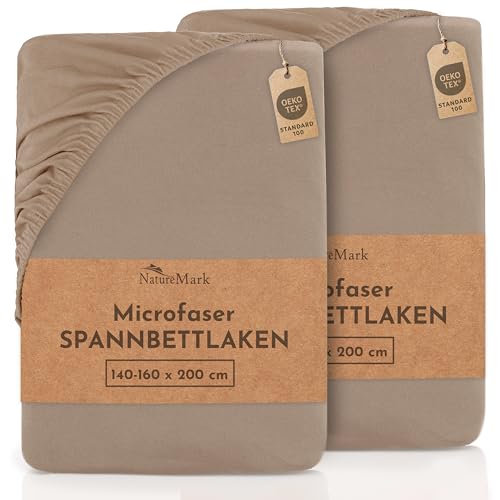 NatureMark 2er Pack MICROFASER Spannbettlaken, Spannbetttuch Doppelpack in vielen Größen und Farben MARKENQUALITÄT ÖKOTEX Standard 100 | 140 x 200 cm - 160 x 200 cm - Sand/beige von NatureMark