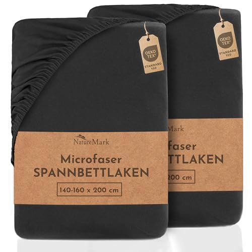 NatureMark 2er Pack MICROFASER Spannbettlaken, Spannbetttuch Doppelpack in vielen Größen und Farben MARKENQUALITÄT ÖKOTEX Standard 100 | 140 x 200 cm - 160 x 200 cm - schwarz von NatureMark