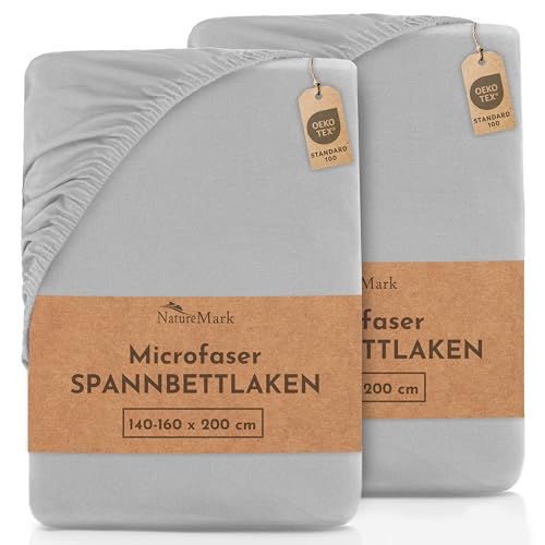 NatureMark 2er Pack MICROFASER Spannbettlaken, Spannbetttuch Doppelpack in vielen Größen und Farben MARKENQUALITÄT ÖKOTEX Standard 100 | 140 x 200 cm - 160 x 200 cm - Silber grau von NatureMark