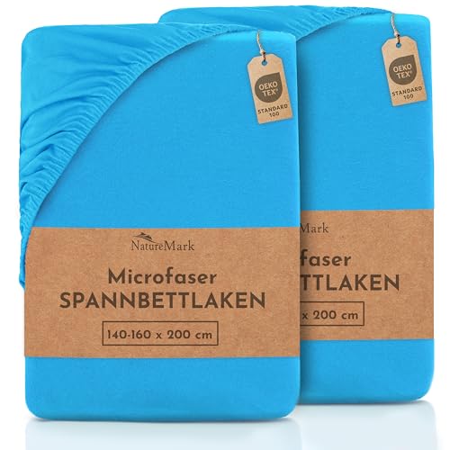 NatureMark 2er Pack MICROFASER Spannbettlaken, Spannbetttuch Doppelpack in vielen Größen und Farben MARKENQUALITÄT ÖKOTEX Standard 100 | 140 x 200 cm - 160 x 200 cm - türkis von NatureMark