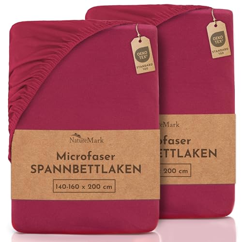 NatureMark 2er Pack MICROFASER Spannbettlaken, Spannbetttuch Doppelpack in vielen Größen und Farben MARKENQUALITÄT ÖKOTEX Standard 100 | 140 x 200 cm - 160 x 200 cm - Bordeaux rot von NatureMark