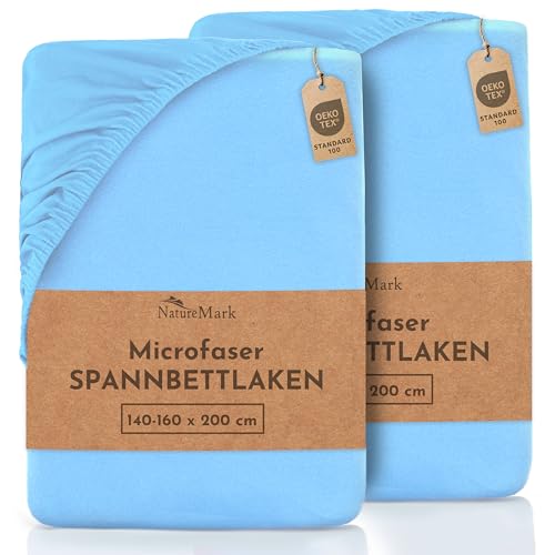 NatureMark 2er Pack MICROFASER Spannbettlaken, Spannbetttuch Doppelpack in vielen Größen und Farben MARKENQUALITÄT ÖKOTEX Standard 100 | 140 x 200 cm - 160 x 200 cm - hell blau von NatureMark