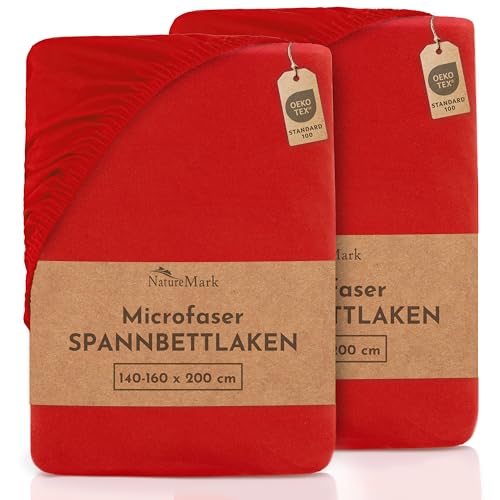 NatureMark 2er Pack MICROFASER Spannbettlaken, Spannbetttuch Doppelpack in vielen Größen und Farben MARKENQUALITÄT ÖKOTEX Standard 100 | 140 x 200 cm - 160 x 200 cm - rot von NatureMark