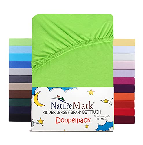 NatureMark 2er Set Kinder Spannbettlaken Jersey, Spannbetttuch 100% Baumwolle, für Babybett und Kinderbett | 70x140 cm - Apfel grün von NatureMark