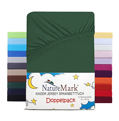 NatureMark 2er Set Kinder Spannbettlaken Jersey, Spannbetttuch 100% Baumwolle, für Babybett und Kinderbett | 70x140 cm - Dunkel grün von NatureMark