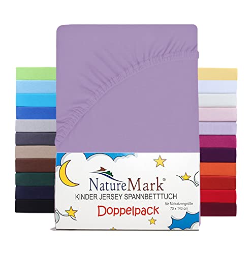 NatureMark 2er Set Kinder Spannbettlaken Jersey, Spannbetttuch 100% Baumwolle, für Babybett und Kinderbett | 70x140 cm - Flieder/Lavendel von NatureMark