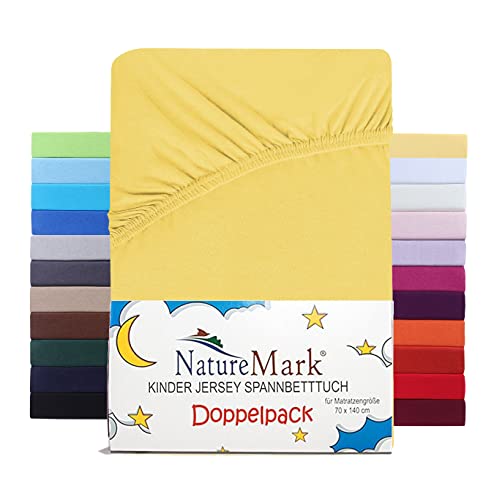 NatureMark 2er Set Kinder Spannbettlaken Jersey, Spannbetttuch 100% Baumwolle, für Babybett und Kinderbett | 70x140 cm - Gelb von NatureMark