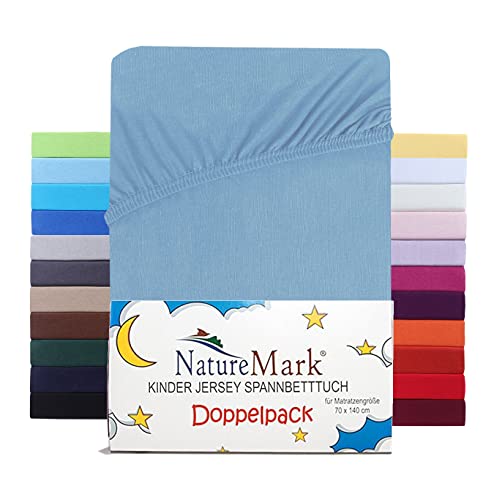 NatureMark 2er Set Kinder Spannbettlaken Jersey, Spannbetttuch 100% Baumwolle, für Babybett und Kinderbett | 70x140 cm - Hell blau von NatureMark