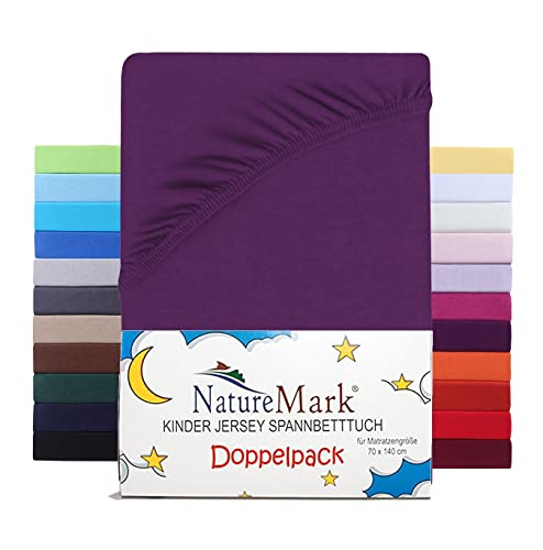 NatureMark 2er Set Kinder Spannbettlaken Jersey, Spannbetttuch 100% Baumwolle, für Babybett und Kinderbett | 70x140 cm - Lila von NatureMark