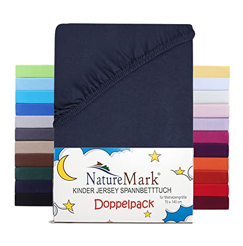 NatureMark 2er Set Kinder Spannbettlaken Jersey, Spannbetttuch 100% Baumwolle, für Babybett und Kinderbett | 70x140 cm - Navy blau von NatureMark