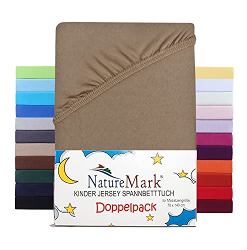 NatureMark 2er Set Kinder Spannbettlaken Jersey, Spannbetttuch 100% Baumwolle, für Babybett und Kinderbett | 70x140 cm - Sand/Beige von NatureMark