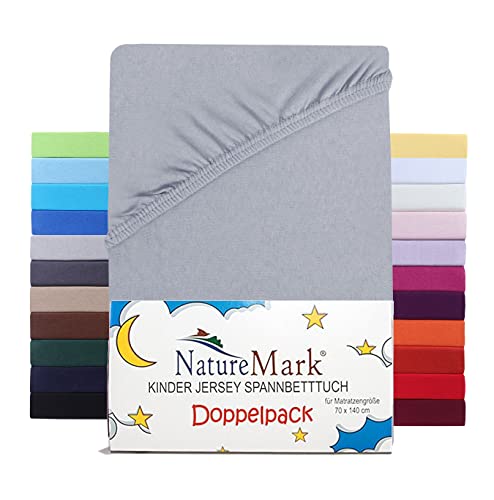 NatureMark 2er Set Kinder Spannbettlaken Jersey, Spannbetttuch 100% Baumwolle, für Babybett und Kinderbett | 70x140 cm - Silber grau von NatureMark