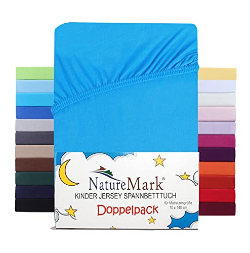 NatureMark 2er Set Kinder Spannbettlaken Jersey, Spannbetttuch 100% Baumwolle, für Babybett und Kinderbett | 70x140 cm - Türkis von NatureMark