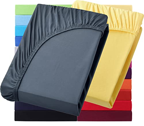 NatureMark Basic 2er Set Jersey Spannbettlaken 90 x 190 cm - 100 x 200 cm - 25 cm Steg - 100x200cm Spannbetttuch - 100% Baumwolle, Anthrazit & Gelb von NatureMark