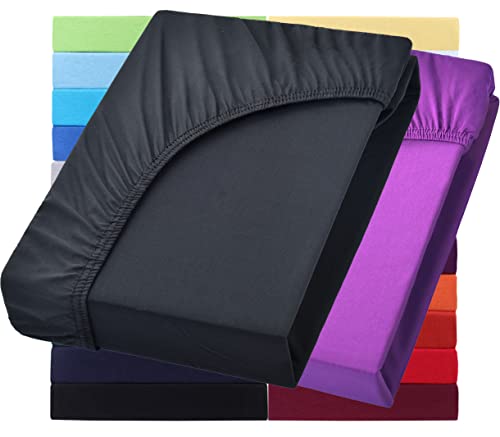 NatureMark Basic 2er Set Jersey Spannbettlaken 90 x 190 cm - 100 x 200 cm - 25 cm Steg - 100x200cm Spannbetttuch - 100% Baumwolle, Schwarz & Lila von NatureMark