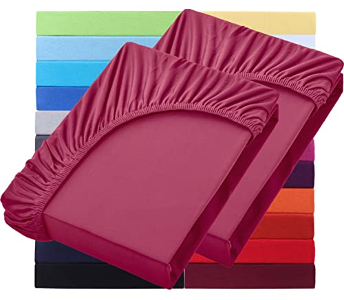 NatureMark Basic 2er Set Jersey Spannbettlaken 90 x 190 cm - 100 x 200 cm - 25 cm Steg - 100x200cm Spannbetttuch - 100% Baumwolle, Bordeaux rot von NatureMark