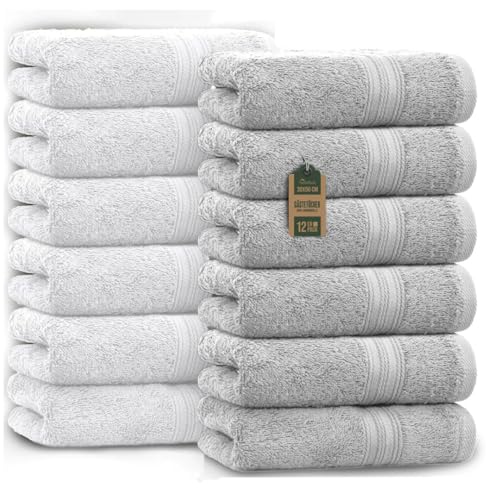 NatureMark Gästetücher – 12er Pack (30x50 cm), 100% Baumwolle, Oeko-Tex Zertifiziert, weich, saugfähig und pflegeleicht – Für Bad, Gäste & Spa – Silber/Weiss von NatureMark