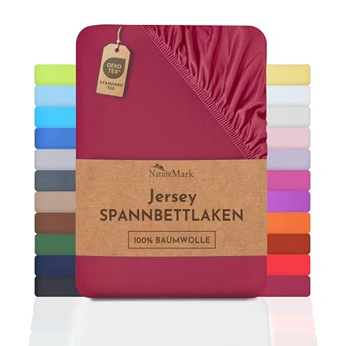 NatureMark Jersey Spannbettlaken, Spannbetttuch 100% Baumwolle in vielen Größen und Farben MARKENQUALITÄT ÖKOTEX Standard 100 | 140 x 200 cm - 160 x 200 cm - Bordeaux rot von NatureMark