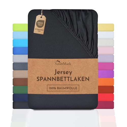 NatureMark Jersey Spannbettlaken, Spannbetttuch 100% Baumwolle in vielen Größen und Farben MARKENQUALITÄT ÖKOTEX Standard 100 | 140 x 200 cm - 160 x 200 cm - schwarz von NatureMark