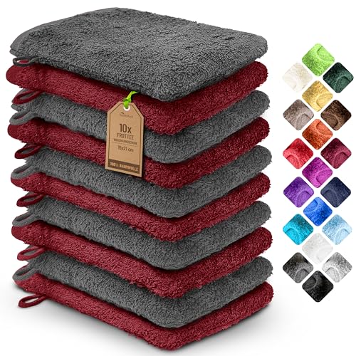NatureMark 10x Waschhandschuhe aus Frottee 100% Baumwolle – Weich und Robust, Ideal für die tägliche Pflege und Gäste – Anthrazit/Bordeaux, 15x21 cm von NatureMark