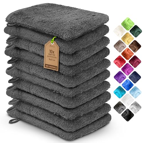 NatureMark 10er Pack Frottee Waschhandschuhe Waschlappen 100% Baumwolle Anthrazit grau 15x21cm von NatureMark