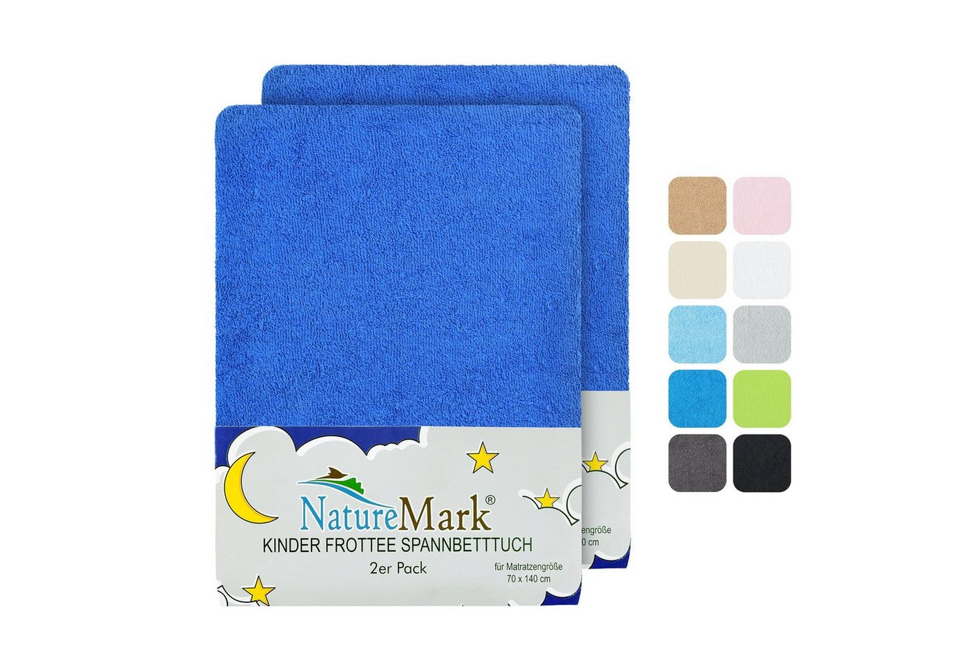 Spannbettlaken Frottee Spannbettlaken, NatureMark, 80% Baumwolle / 20% Polyester, Gummizug: rundum, (2 Stück), 2er Set Kinder Spannbettlaken Frottee, Spannbetttuch 80% Baumwolle / 20% Polyester, für Babybett und Kinderbett, 70x140 cm - Royal blau von NatureMark