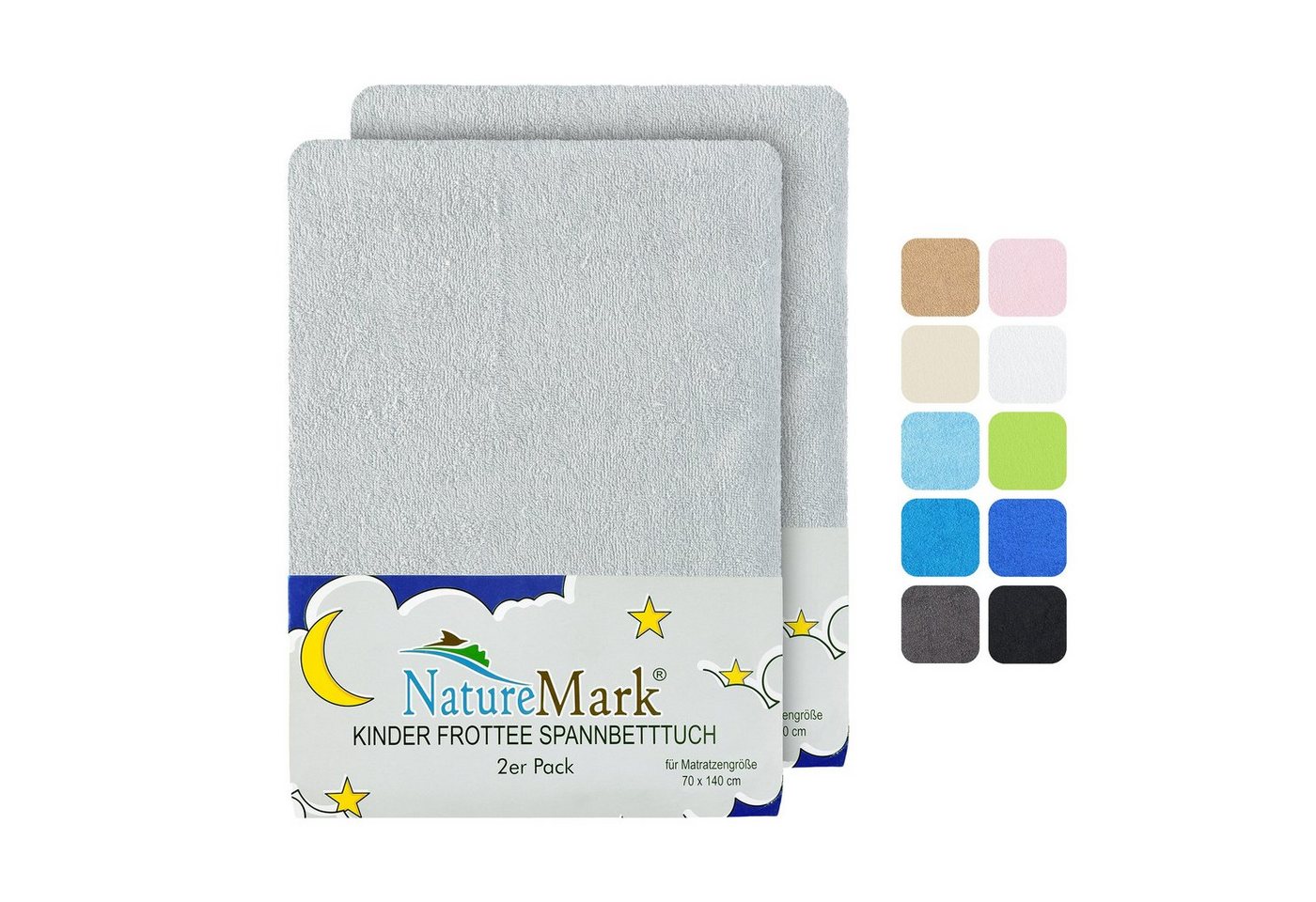 Spannbettlaken Frottee Spannbettlaken, NatureMark, 80% Baumwolle / 20% Polyester, Gummizug: rundum, (2 Stück), 2er Set Kinder Spannbettlaken Frottee, Spannbetttuch 80% Baumwolle / 20% Polyester, für Babybett und Kinderbett, 70x140 cm - Silber grau von NatureMark