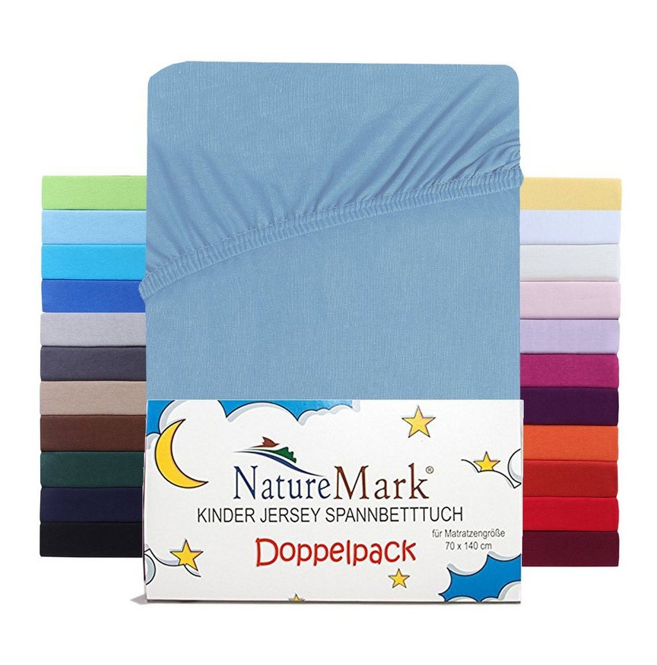 Spannbettlaken Jersey Spannbettlaken, NatureMark, 100% Baumwolle, Gummizug: rundum, (2 Stück), Kinder Spannbetttuch, für Baby-/Kinderbett, 70x140 cm, Hellblau von NatureMark