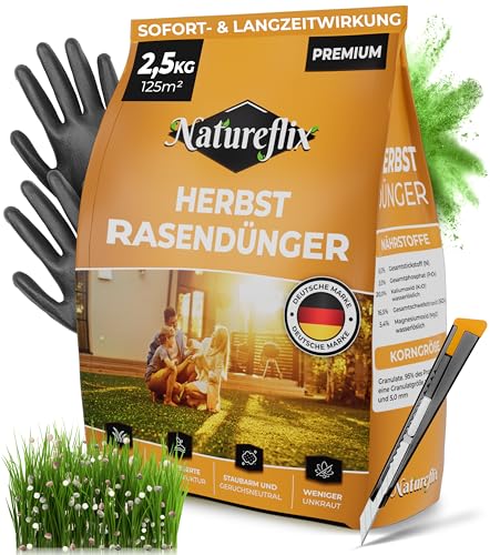 Natureflix Herbstrasendünger mit Langzeitwirkung | Rasendünger verdrängt Moos | Frostschutz & Winterfester Rasen |(Körnung 2-5mm) für Streuwagen & Handstreuer |Sicher für Kind & Tier (2,5kg für 125m²) von Natureflix