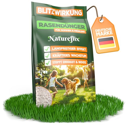 Natureflix Rasendünger Frühjahr & Sommer (20kg für 1000m²) | Tierfreundlicher Langzeitdünger für jeden Rasen mit Moosverdrängung | (Staubarme Körnung 2-5mm) | Ideal für viele Streuwagen von Natureflix