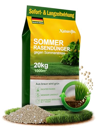 Natureflix Rasendünger Sommer | Langzeitdünger & Stickstoffdünger für jeden Rasen – der Premium Düngemittel (Körnung 2-4mm) mit Moosverdrängung | Ideal für viele Streuwagen (20kg für 1000m²) von Natureflix
