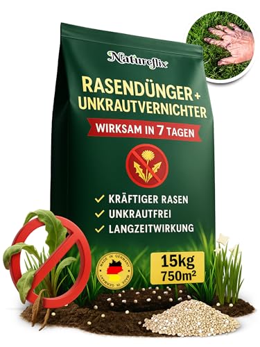 Natureflix Rasendünger mit Unkrautvernichter extra stark | 15kg für 750m² | 2-in-1 | Der Rasenunkrautvernichter vernichtet Klee, Löwenzahn & mehr | für dichten, grünen Rasen im Frühjahr & Sommer von Natureflix