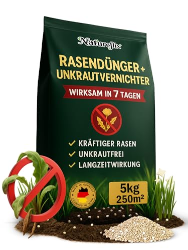 Natureflix Rasendünger mit Unkrautvernichter extra stark | 5kg für 250m² | 2-in-1 | Der Rasenunkrautvernichter vernichtet Klee, Löwenzahn & mehr | für dichten, grünen Rasen im Frühjahr & Sommer von Natureflix